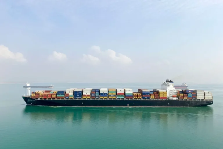 Aerial view of a container ship sailing through the Bab el Mandeb route.